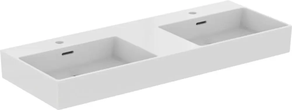 Zweifacher Waschtisch in Weiß von Ideal Standard, mit zwei rechteckigen Becken und mittigen Armaturlöchern auf einer geraden Ablagefläche.